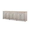Front 3/4 view of the antique blue-grey and natural brown 6-door reclaimed pine buffet.