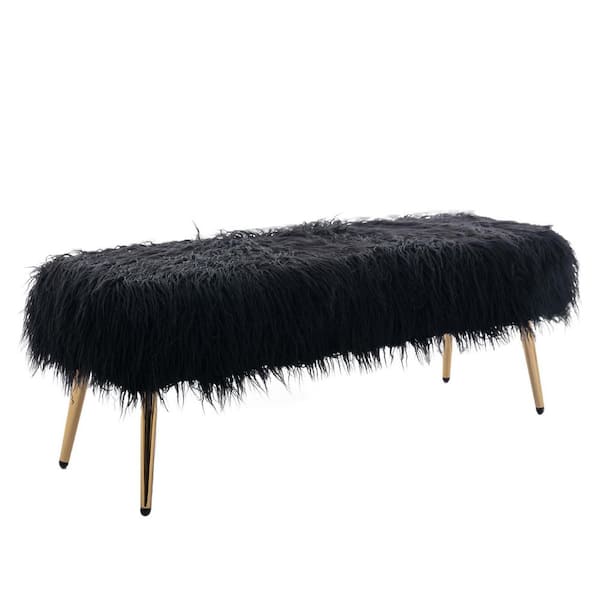 Unbranded Black Modern Fluffy Faux Fur Plush Ottoman Bench (17 in. H x 48 in. W x 16 in. D)