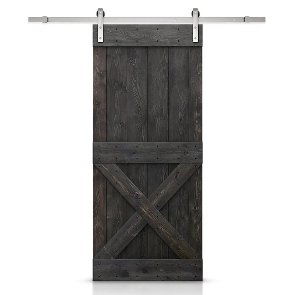CALHOME Mini X Series 36 in. x 84 in. Solid Charcoal Black Stained DIY Pine Wood Interior Sliding Barn Door with Hardware Kit