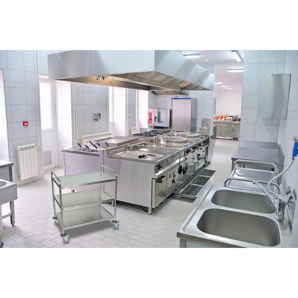 Silver Stainless Steel 3-Shelf Utility Cart with Raised Edges