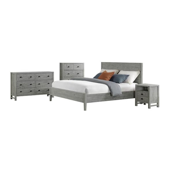 Alaterre Furniture Arden 4-Piece Wood Bedroom Set with King Bed, 2-Drawer Nightstand, 5-Drawer Chest, 6-Drawer Dresser, Driftwood Gray