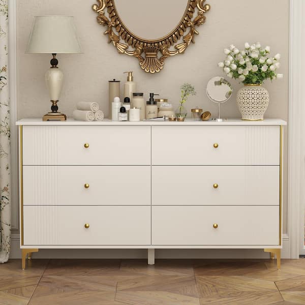 FUFU&GAGA 6-Drawer White Wooden Dresser, Make Up Vanity, Bedside Chest, 29.3in.W x 15.7in.D x 30in.H