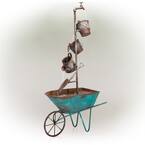 54 in. Tall Outdoor Multi-Tier Rustic Metal Wheelbarrow and Watering Can Fountain, Bronze and Silver