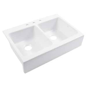 Josephine 34 in. 3-Hole Quick-Fit Drop-In Farmhouse Double Bowl Crisp White Fireclay Kitchen Sink