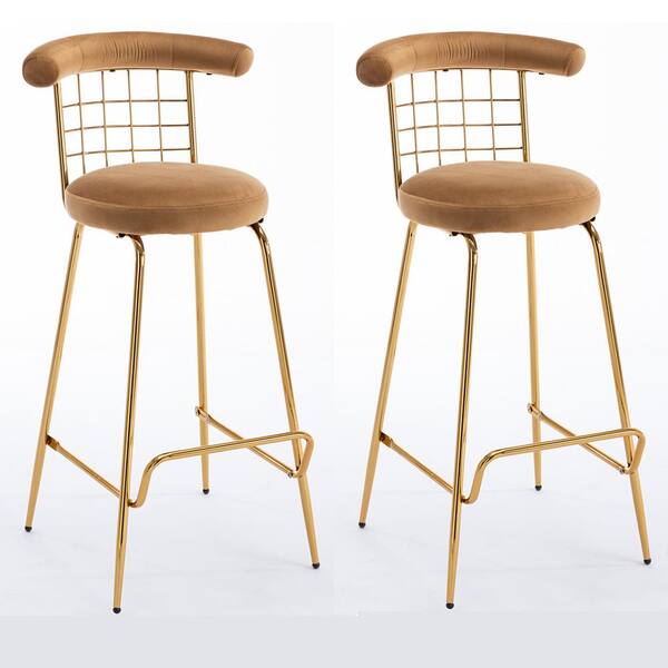 JASIWAY 32 in. Camel High Back Metal Frame Bar Stool Pub Stools with Velvet Back and Cushion (Set of 2)