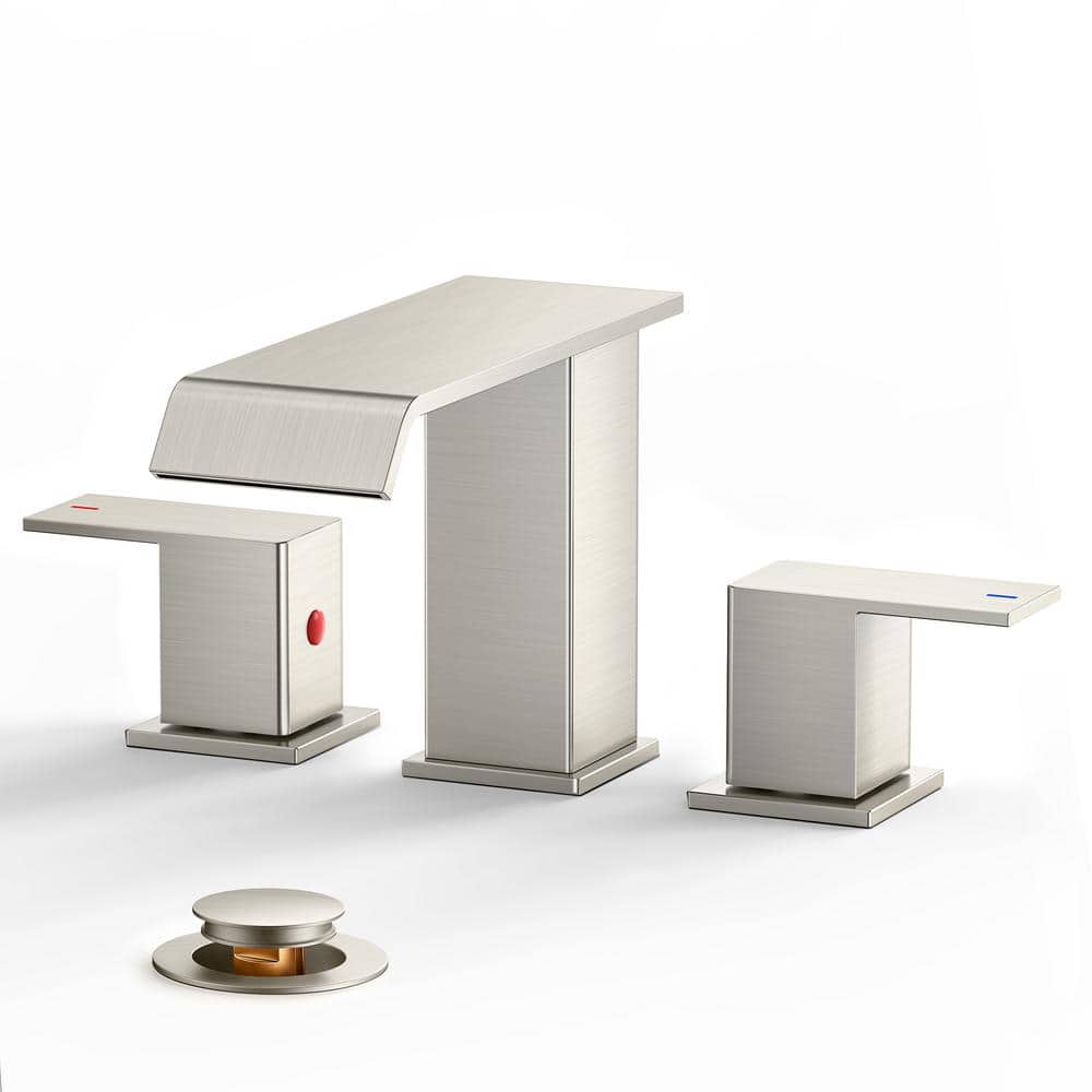 8 in. Double-Handle Widespread Bathroom Faucets with Drain Kit Included Low