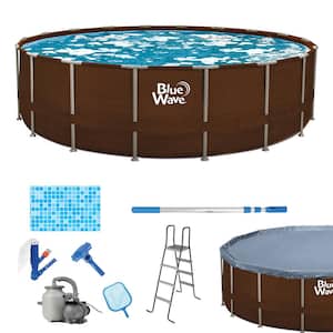Mocha Wicker 24 ft. Round 52 in. Deep Metal Frame Swimming Pool Package with Cover