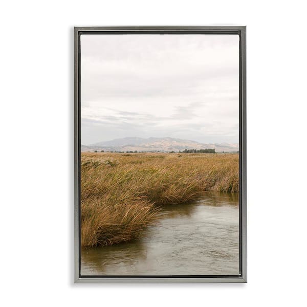 Stupell Industries Marshland with Distant Mountain by Crystal Lynn Collins Gray Floater Frame Nature Graphic Art Print 31 in. x 21 in.