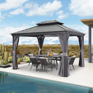 10 ft. x 12 ft. Gray Aluminum Power-Coated Frame Galvanized Steel Double Roof Hardtop Gazebo,Hooks, Netting,Gray Curtain