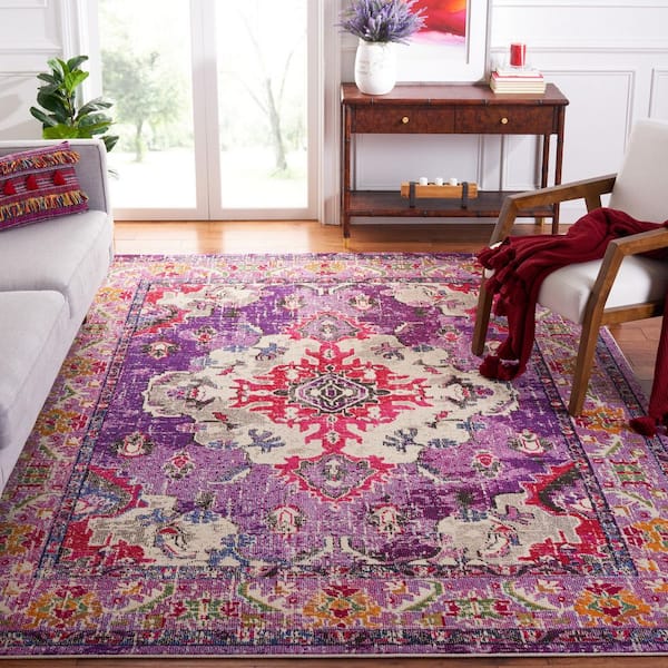 Monaco Violet/Fuchsia 9 ft. x 12 ft. Distressed Border Medallion Area Rug