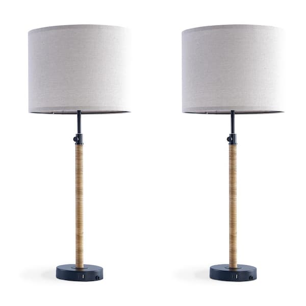 Cleveland 33 in. Black Adjustable Height Table Lamp with Light Brown Shade/USB/Type-C Ports. (2-Pack)
