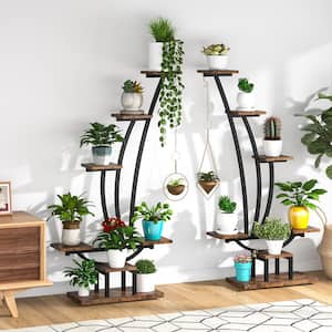Eileen 59.8 in. Brown Curve Wood Rectangular Multi-Tiered Indoor Plant Stand with 6-Tier Shelf and Hooks
