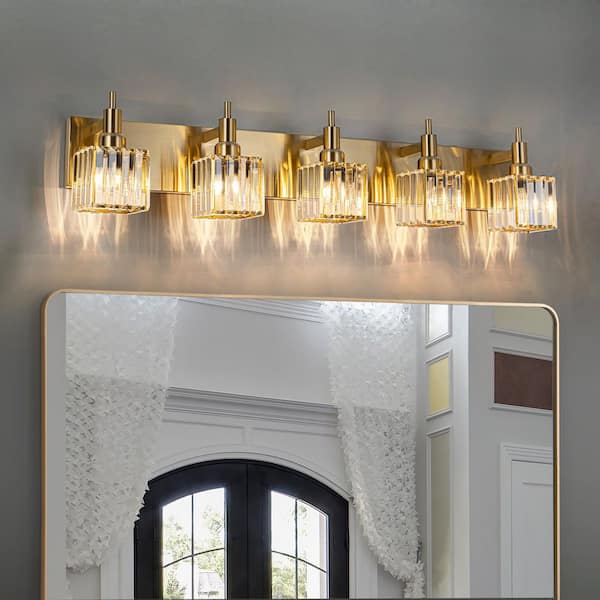 Orillia 35.4 in. 5-Light Modern Gold Bathroom Vanity Light with Crystal Shades