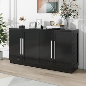 Black Wood 60 in. W Sideboard with Adjustable Shelves and Silver Handles, Large Storage Space Buffet Cabinet