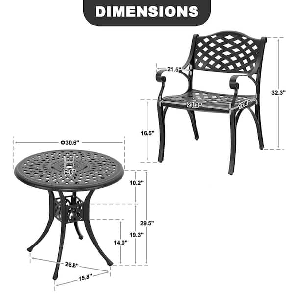 3-Piece Cast Aluminum Outdoor Bistro Set Patio Table Set with Umbrella Hole in Black