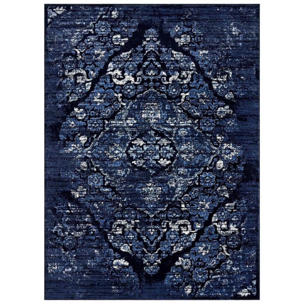 Victoria Collection Distressed Navy 8x10 Oriental Floral Polypropylene Area