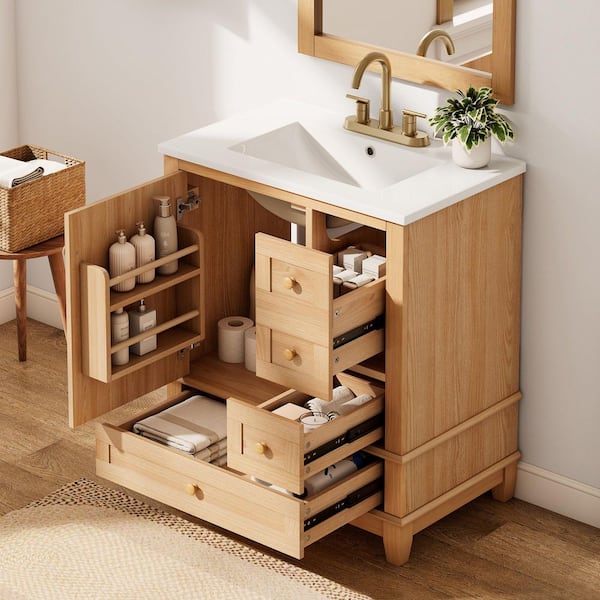 30 in. Single Sink Freestanding Natural Bath Vanity with White Ceramic Top, 3-Drawers and Door Racks