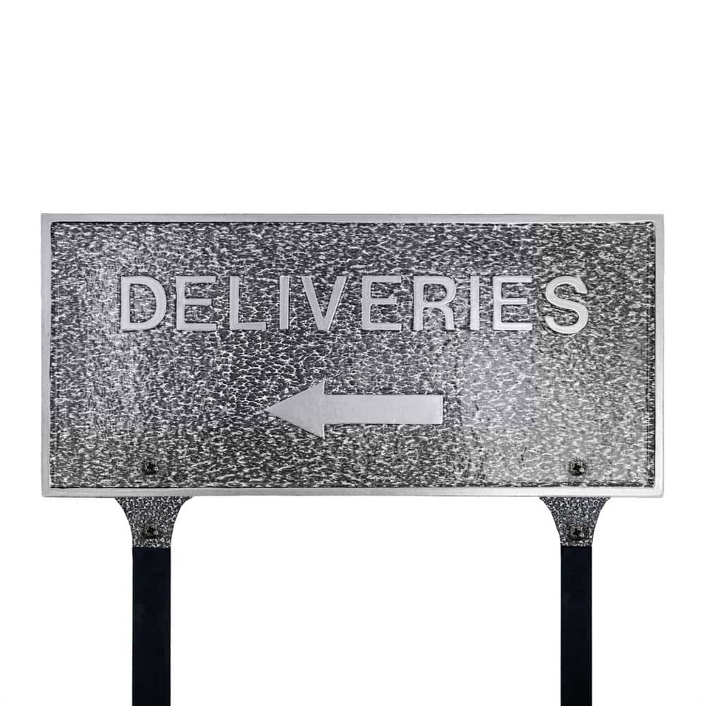 "10"" x 21"" Deliveries with Left Arrow Large Rectangle Statement Plaque with Lawn Stakes - Swedish Iron" product image for price tracking