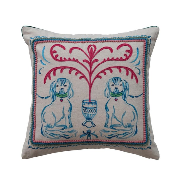 Multicolor Staffordshire Dog Scene Polyester 18 in. x 18 in. Throw Pillow with Embroidery, and Velvet Back