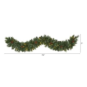 6 ft. Battery Operated Pre-lit White Mountain Pine Artificial Garland with 35 White Warm LED Lights and Pinecones