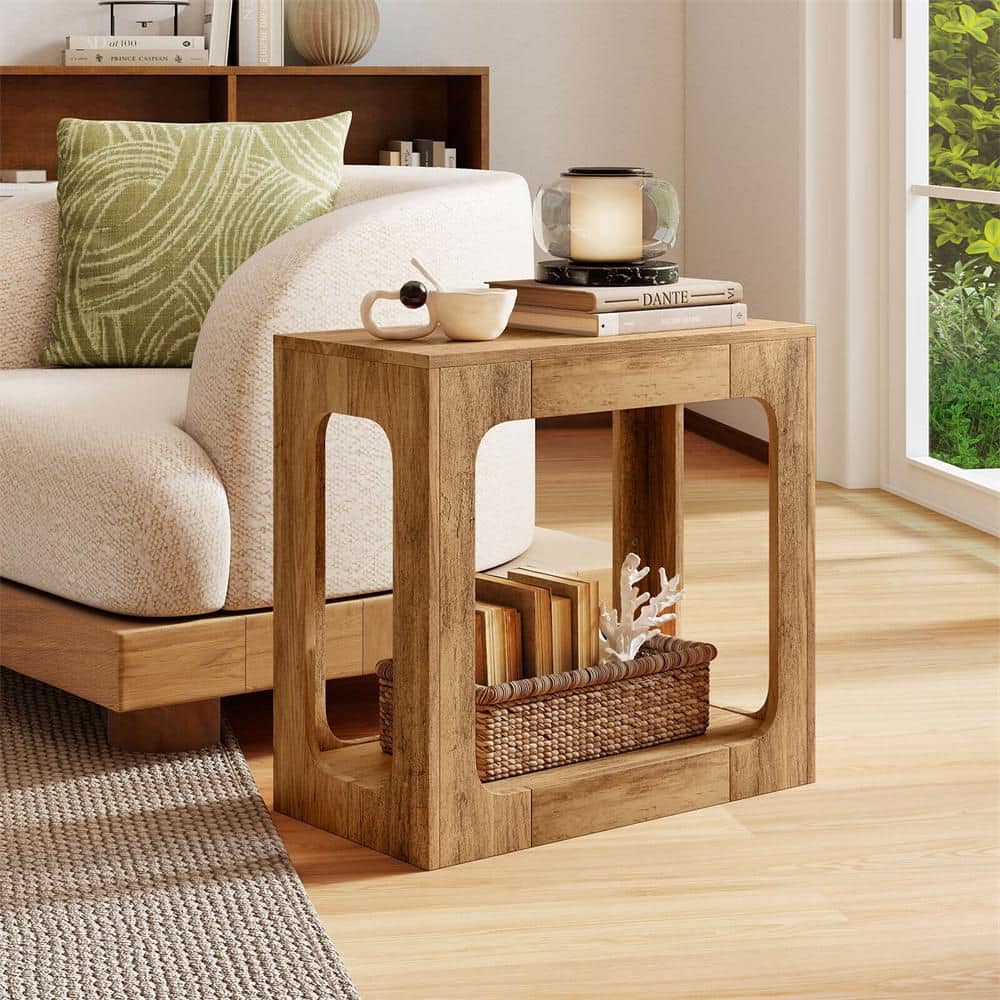 Costway 1-Pieces 2-Tier 23.5 in. Oak Rectangle Particle Board End