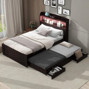 Dark Brown Wood Frame Twin XL Platform Bed with Twin Size Trundle, 2 Drawers, USB Charging, LED Headboard with Shelves