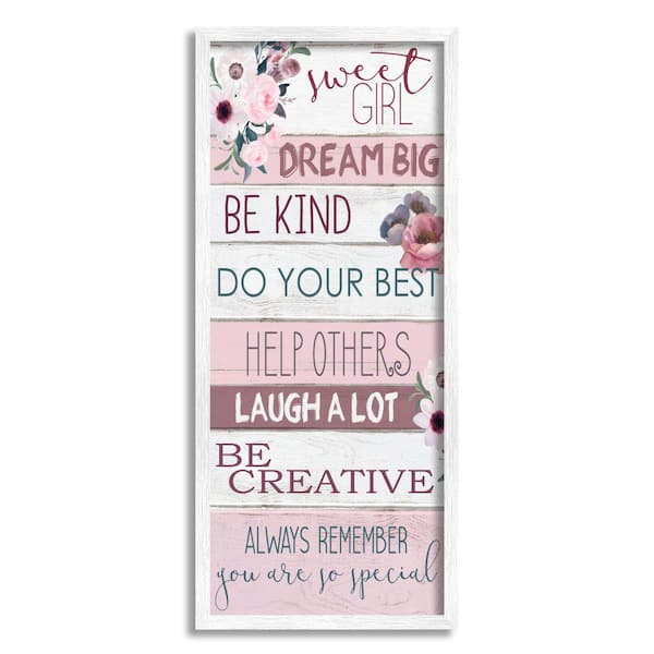 Stupell Industries "Sweet Girl Inspirational Phrases Soft Pink Florals" by Kim Allen Framed Typography Wall Art Print 13 in. x 30 in.