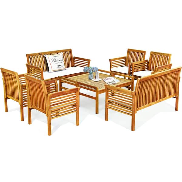 HONEY JOY 8-Piece Acacia Wood Sofa Set Patio Conversation Set Table Chairs with Beige Cushions