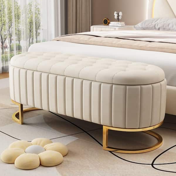 Harper & Bright Designs Elegant Beige Upholstered Velvet Storage Bedroom Bench with Button-Tufted Flip-Top Seat Lid and Gold Metal Legs