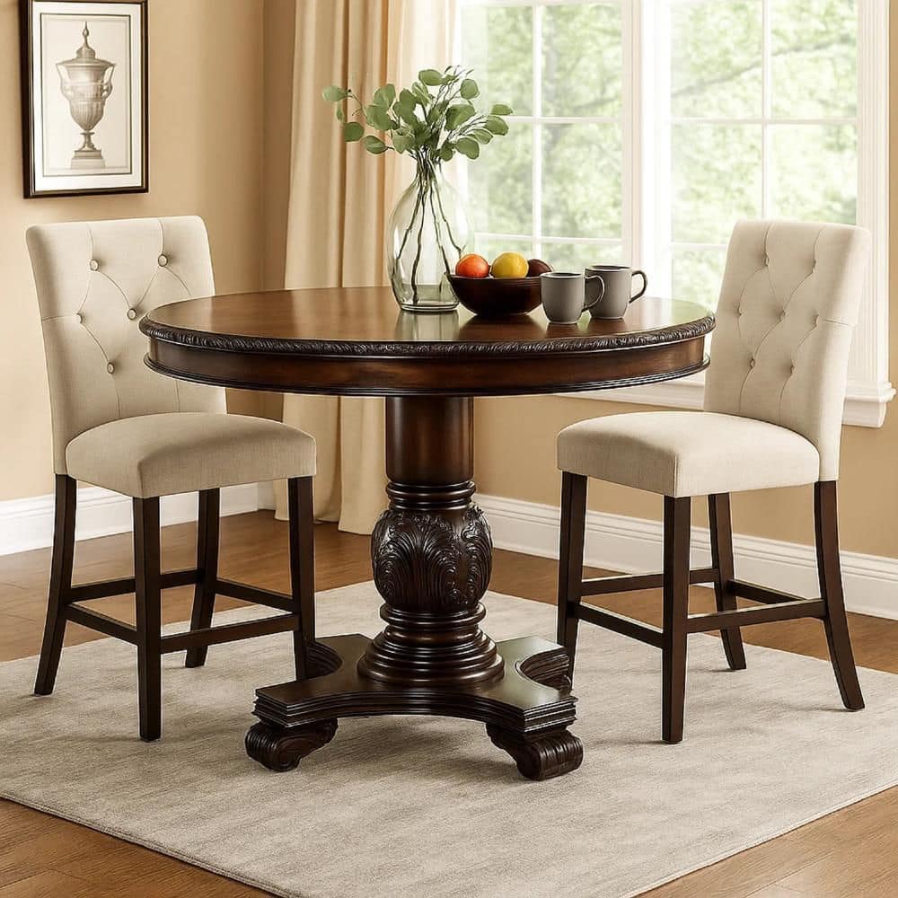 Loki 36 in. Espresso Brown Round Counter Height Bar Table with Carved Wood Frame price history on PriceWatchPro