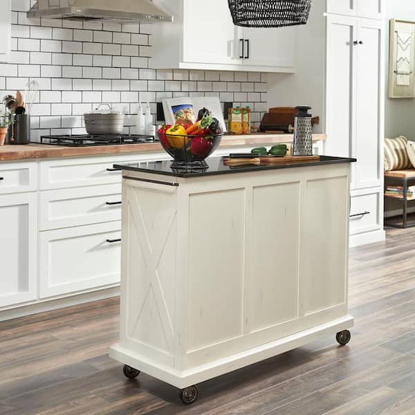 Seaside White Kitchen Cart with Black Granite Top