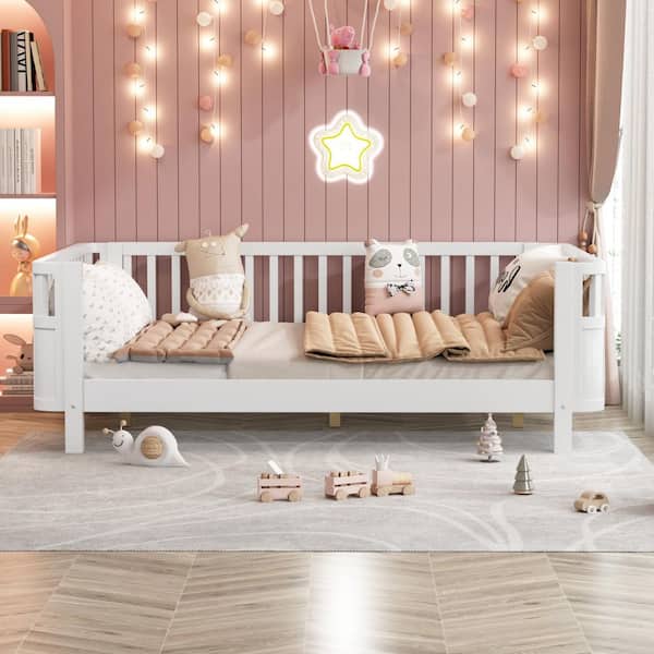 White Wood Low Profile Full Bed Frame with Rails