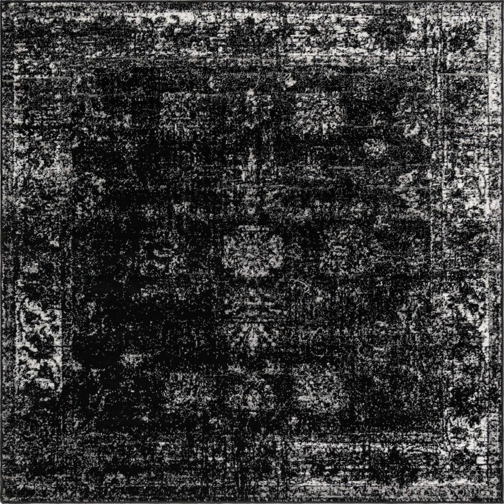 Sofia Collection Black and Ivory 6' Square Synthetic Area Rug