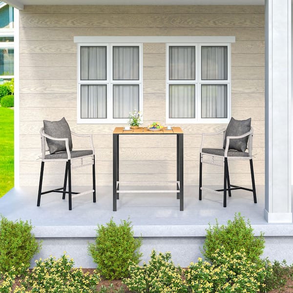 Grey 3-Piece Metal Patio Serving Bar Set with Cushions and Pillows, Bistro Set