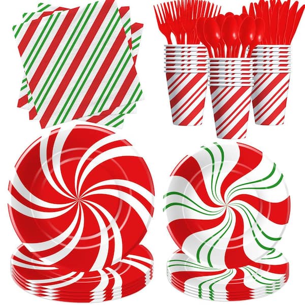 24Pcs Candy Cane Christmas Tableware Set in Red&White, Disposable Plates w Cups, Napkins, Cutlery for Holiday Gatherings