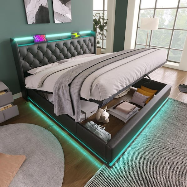 Black Iron Frame Queen Size Platform Bed with USB, 360 Surround LED Lights and Hydraulic Storage Bed (Without Mattress)