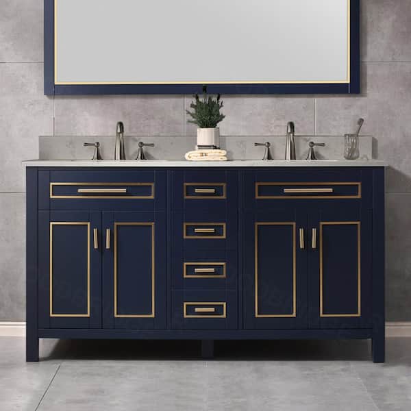 WOODBRIDGE Millan 61 in.W x 22 in.D x 38 in.H Bath Vanity in Navy Blue with Engineered stone Vanity Top in White with White Sink