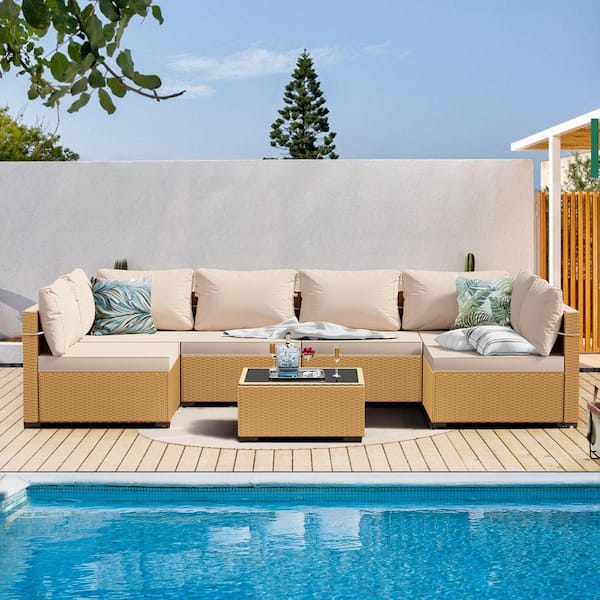 PATIOGUARDER 7-Piece Beige Wicker Patio Conversation Set with Beige Cushions and Coffee Table