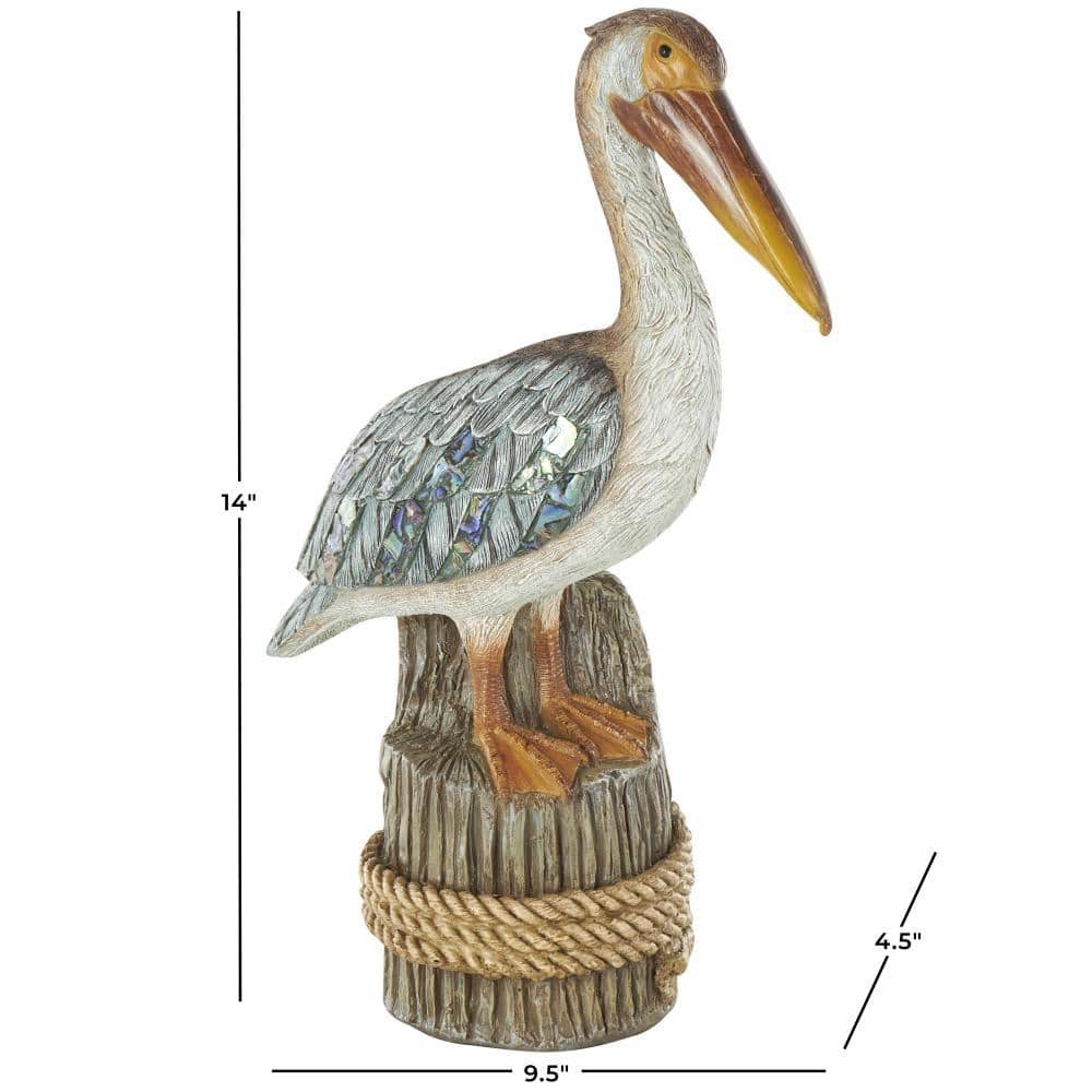 Teal and Brown Resin Pelican Sculpture with Glass Inlay Wings