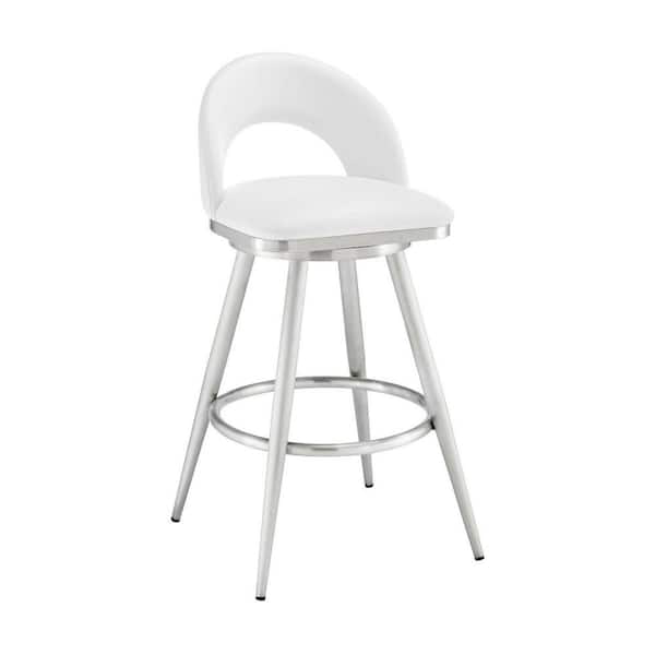 Benjara 30 in. Silver and White Low Back Metal Frame Barstool with Faux Leather Seat