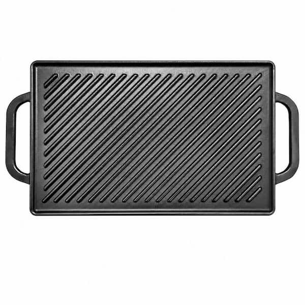 Cast Iron Reversible Grill Griddle, Rectangular Double Sided Ribbed and Flat Plate, Heavy Duty Pan for Gas Grills