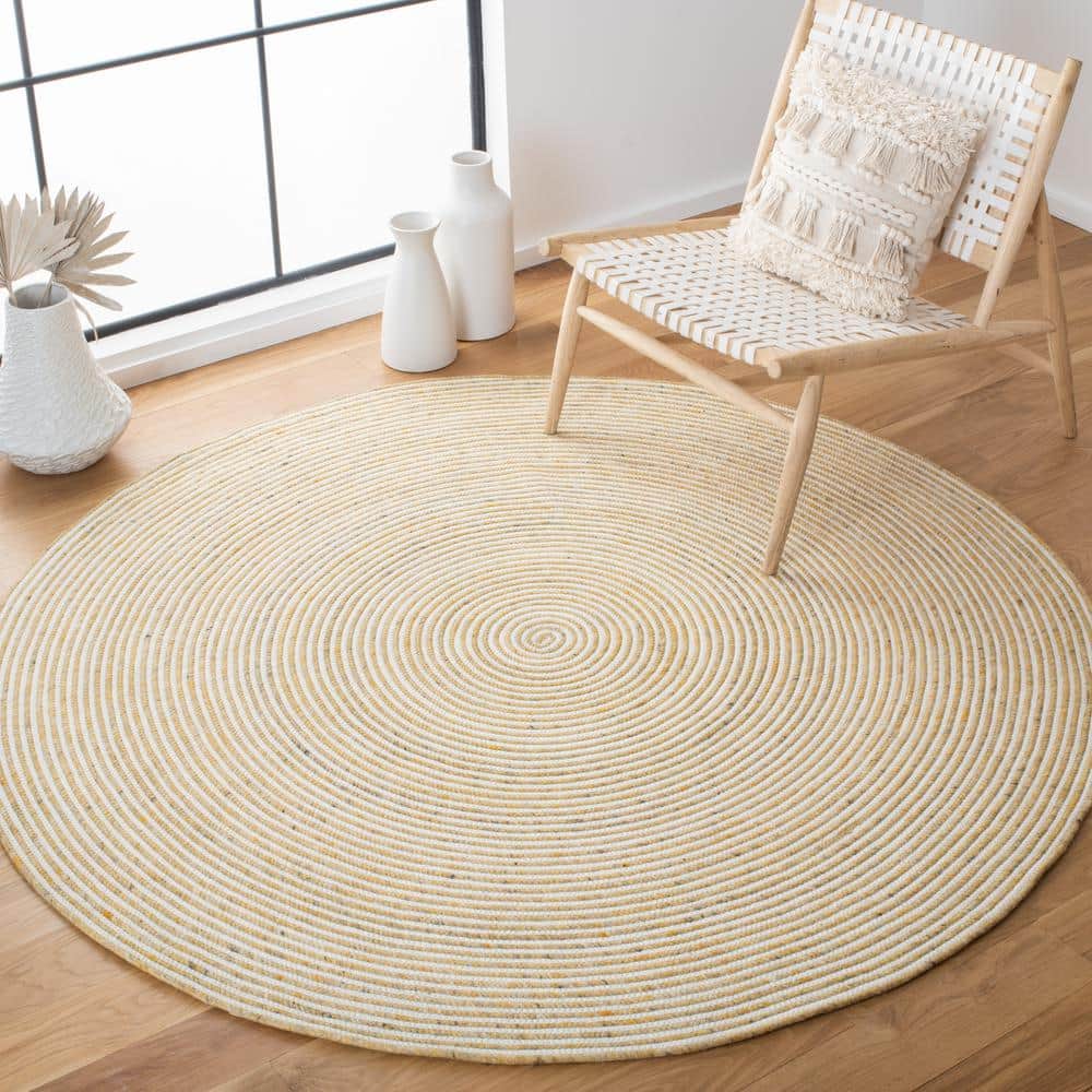 Handmade Gold and Ivory Round Wool Braided Area Rug