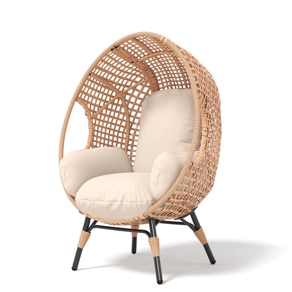 EHOHISAL Natural PE Wicker Indoor/Outdoor Egg Chair with Thick Beige Cushion