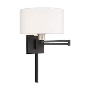 Atwood 1-Light Black Plug-In/Hardwired Swing Arm Wall Lamp with Off-White Fabric Shade