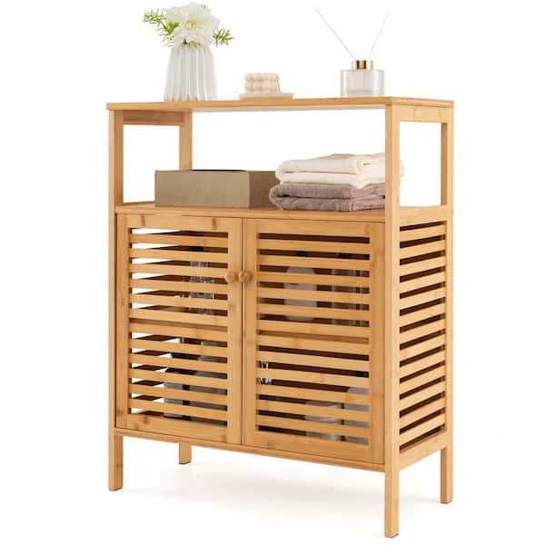 Costway 25 in. W x 11 in. D x 31.5 in. H Beige Bamboo Freestanding Linen Cabinet with Shutter Doors