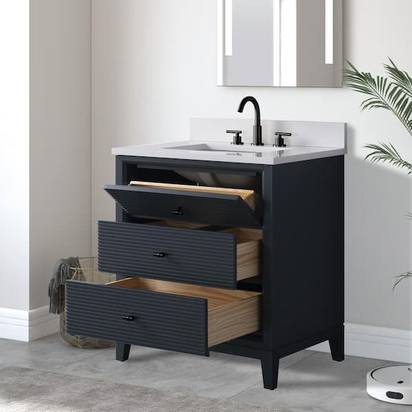 30 in. W x 22 in. D Single Sink Freestanding Vintage Spruce Blue Bath Vanity Cabinet with White Engineered Marble Top