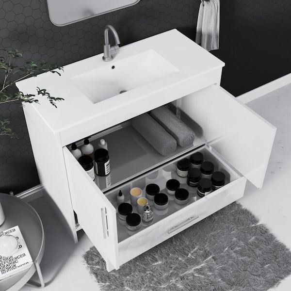 Pacific 40 in. W x 18 in. D x 34 in H Bath Vanity in Glossy White with White Ceramic Vanity Top with White Basin