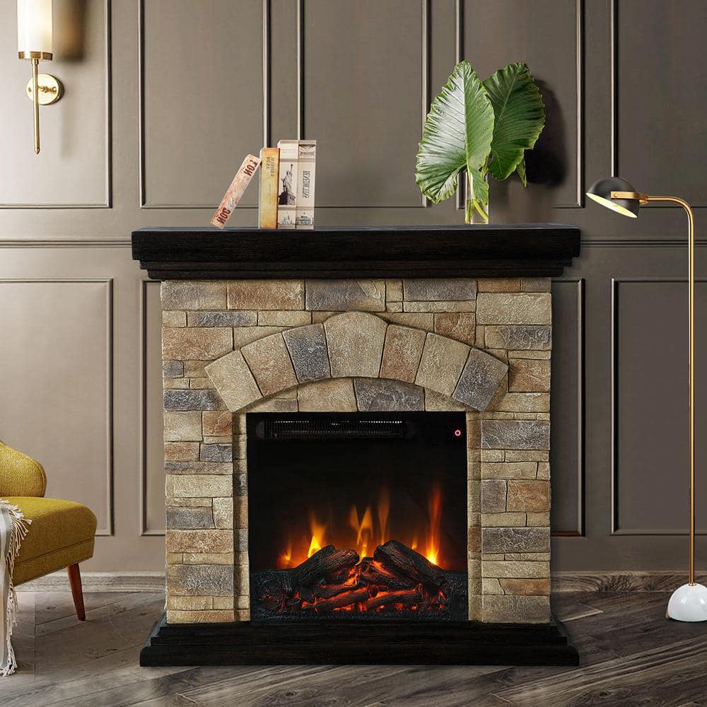 36 in. W Electric Fireplace with Mantel Tan