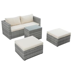 Gray 5-Piece Wicker Patio Conversation Set with Beige Cushions