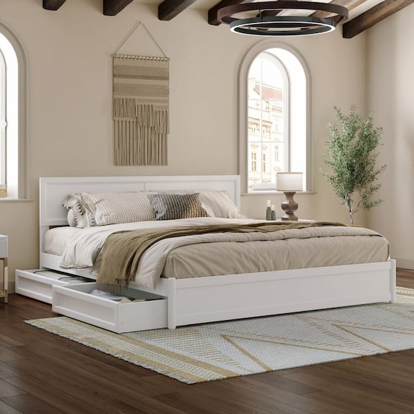 Lylah White Solid Wood Frame King Platform Bed with Panel Footboard and Storage Drawers